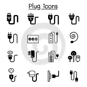 Plug, USB, cable, socket, port icon set vector illustration graphic design solid style