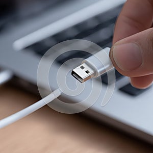 Plugging in a USB cable close-up