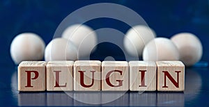 PLUGIN - word on wooden cubes on a blue background with wooden balls