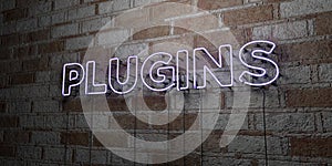 PLUGINS - Glowing Neon Sign on stonework wall - 3D rendered royalty free stock illustration photo
