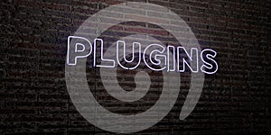 PLUGINS -Realistic Neon Sign on Brick Wall background - 3D rendered royalty free stock image photo