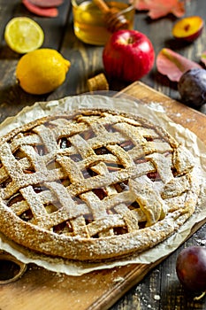 Plum apple pie. Cooking. Recipes. Vegetarian food