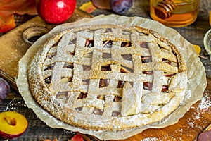 Plum apple pie. Cooking. Recipes. Vegetarian food