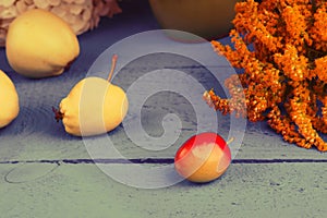 Plum, apples and flowers on a table