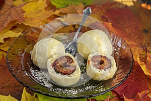 Plum dumplings on the plate on real autumnal colorful leaves with white sugar icing, tasty czech cuisine