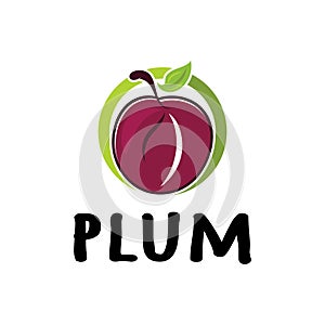 plum fruit logo with leaves, design of plum plantation, fruit shop, plum products, with simple vector editing