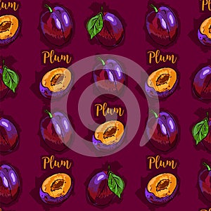 Plum fruit seamless pattern, Hand-drawn plums lettering plum on a purple magenta background. Watercolor stylization