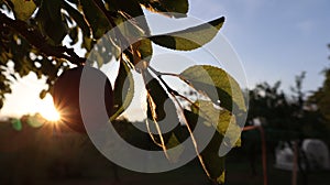 Plum hanging on a tree at sunset
