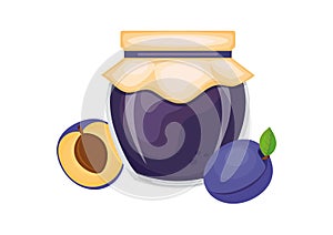 Plum jam in glass jar and fresh plums vector illustration