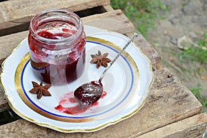 Plum jam with star anise and cinnamon. Fruit marmalade. Autumn canning and preserving. Conservation of harvest. Organic healthy ve