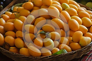 Plum Mango tropical fruit on bamboo tray in the market, ripe of sweet Marian Plum mango fruit or Maprang or Mayongchid in Thai