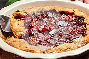plum pie powdered sugar is sprinkled on the cake. Cut pieces of pie on plate. Food recipe background. Close up