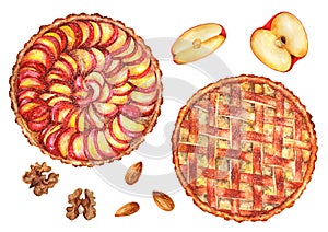 Plum pies and American apple pie on a white background. Watercolor illustration