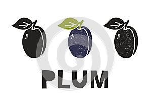 Plum, silhouette icons set with lettering. Imitation of stamp, print with scuffs. Simple black shape and color vector illustration