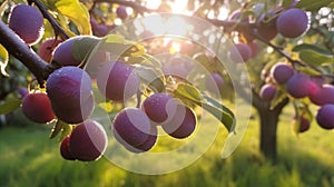 Plum tree with juicy fruits on sunset light