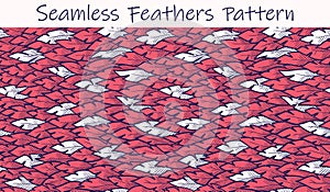 Plumage pattern. White feathers on a background of red feathers. Colorful vector illustration of seamless plumage