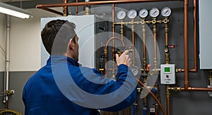 plumber adjusting valves on complex pipe system