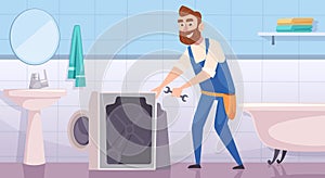Plumber background. In home interior working craftsman fixing problems with plumber appliance exact vector illustrations