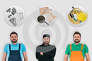 plumber chef and gardener with professional equipment occupations