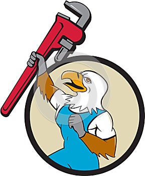 Plumber Eagle Raising Up Pipe Wrench Circle Cartoon