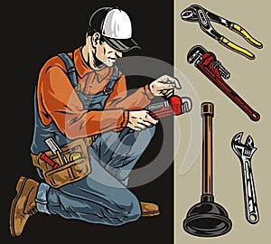 Plumber and hand tools colorful elements