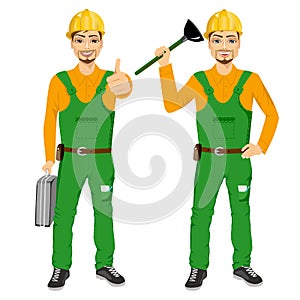 Plumber holding plunger in green uniform holding tool box