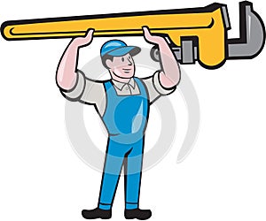 Plumber Lifting Monkey Wrench Isolated Cartoon