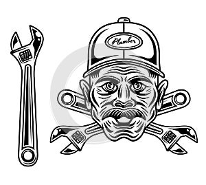 Plumber man head with mustache in cap hat and adjustable wrench vector objects or design elements in monochrome style
