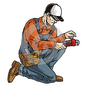 Plumber man in overalls using pipewrench