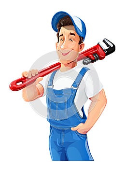 Plumber man with pipe wrench. Work occupation. Repair Service. Vector illustration.