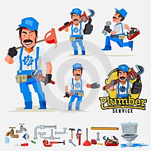 Plumber man set in actions with typographic logo - vector illustration