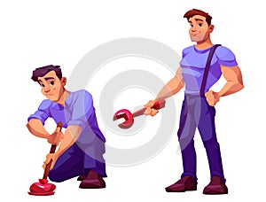 Plumber man with wrench, handyman character vector