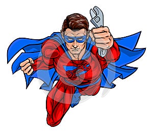 Plumber Mechanic Superhero Holding Wrench Spanner