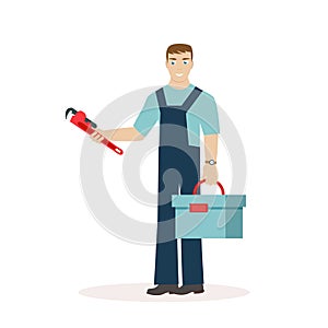 Plumber or mechanic with a wrench and a tool box in his hands. Man in work clothes. Flat character isolated on white