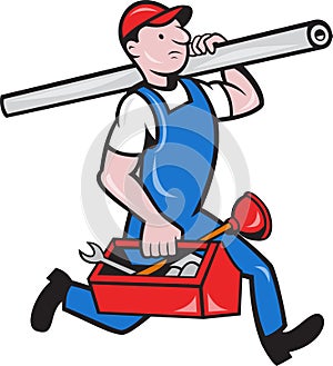 Plumber With Pipe Toolbox Cartoon