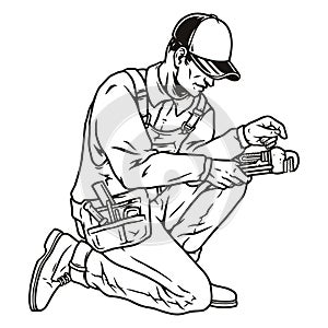 Plumber with pipewrench in monochrome style