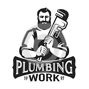 Plumber with plumbing wrench. Emblem, logo in retro style. Repair work vector illustration
