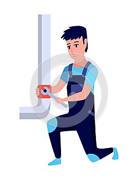 Plumber. Professional plumbing work service. Cartoon handymen repairing pipes with tool. Repair service and maintenance