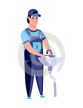 Plumber. Professional plumbing work service. Cartoon handymen repairing washbasin with tool. Repair service and