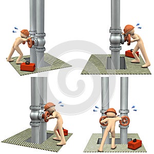 The plumber is repairing hard. Images from four perspectives.