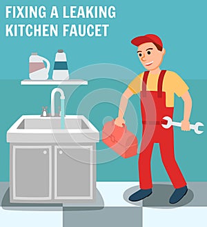 Plumber with Toolbox Wrench in Kitchen Interior