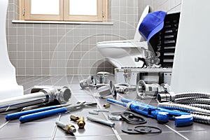 Plumber tools and equipment in a bathroom, plumbing repair service, assemble and install concept