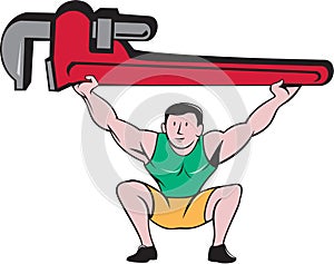 Plumber Weightlifter Lifting Monkey Wrench Cartoon