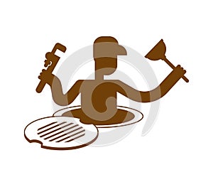 Plumber in well icon. Working in sump sign. vector illustration
