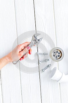 Plumber work with instruments, tools and gear on white background top view