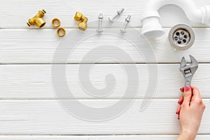Plumber work with instruments, tools and gear on white background top view mock up