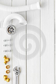 Plumber work with instruments, tools and gear on white background top view mock up