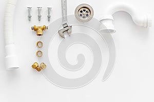 Plumber work with instruments, tools and gear on white background top view mock up