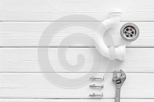 Plumber work with instruments, tools and gear on white background top view mock up