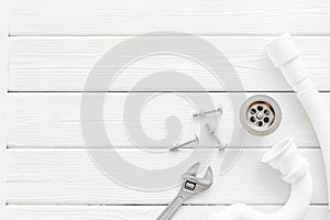 Plumber work with instruments, tools and gear on white background top view mock up